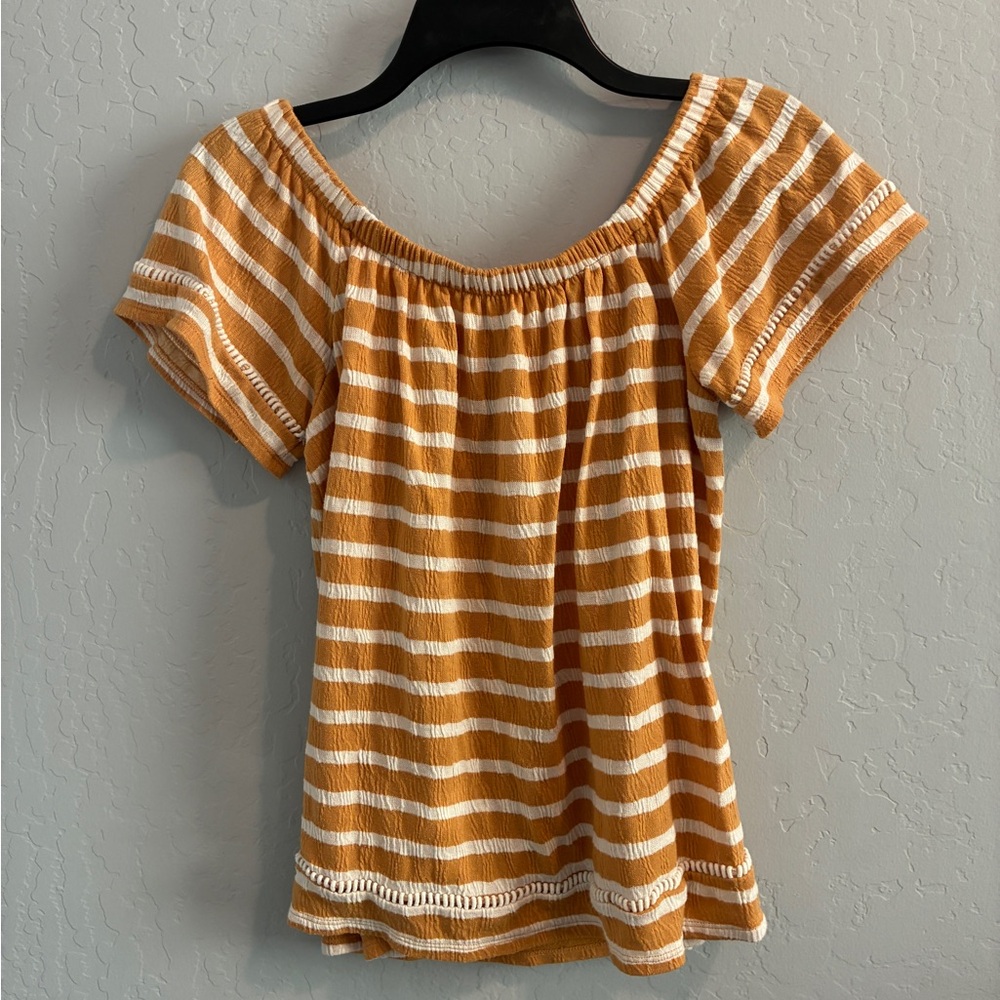 Maurices Mustard and White Striped Short Sleeve Top